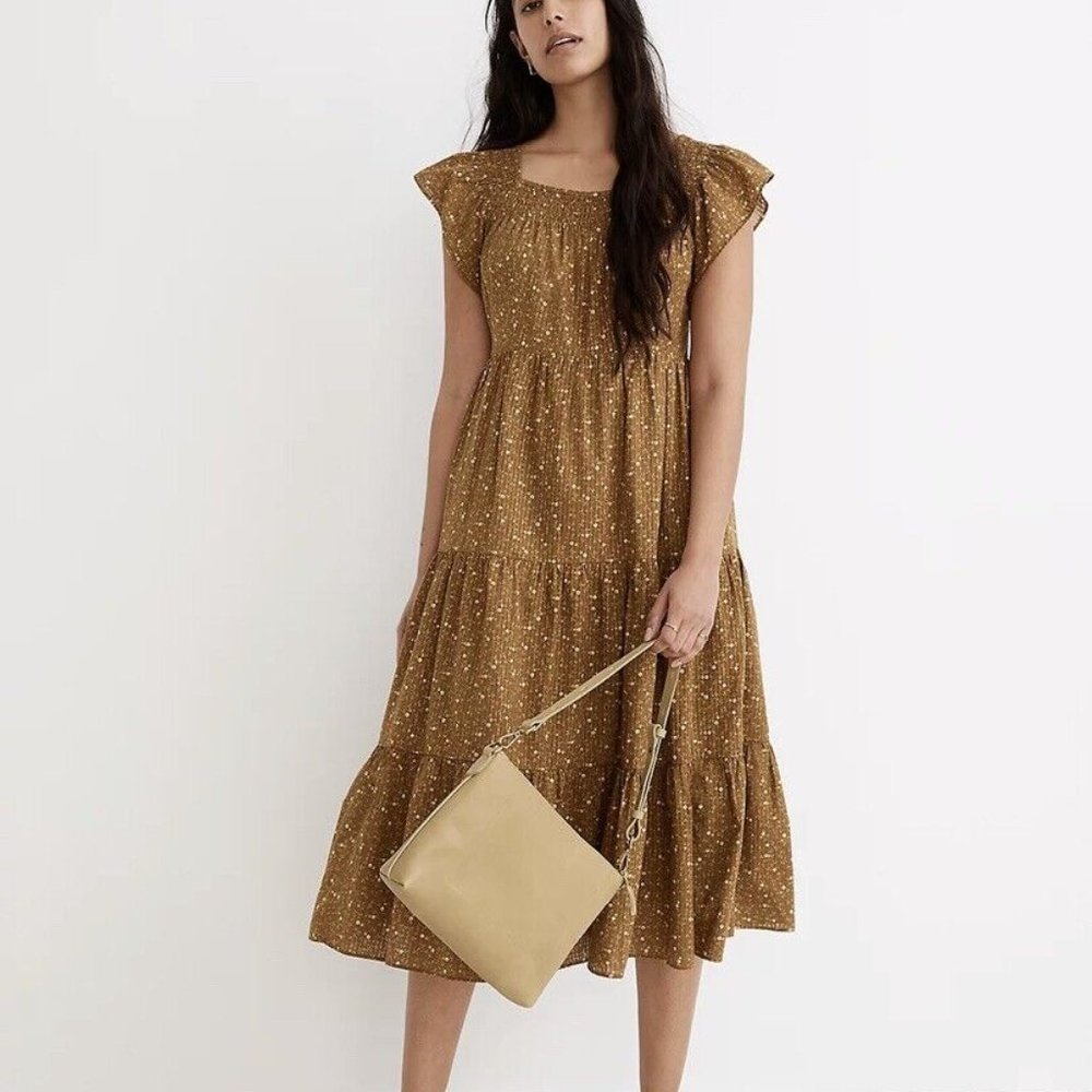 NWT XS Madewell Ruffle Sleeve Tiered Midi Dress Daisy Stitch